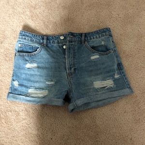 DISTRESSED HIGH WAISTED JEAN SHORTS